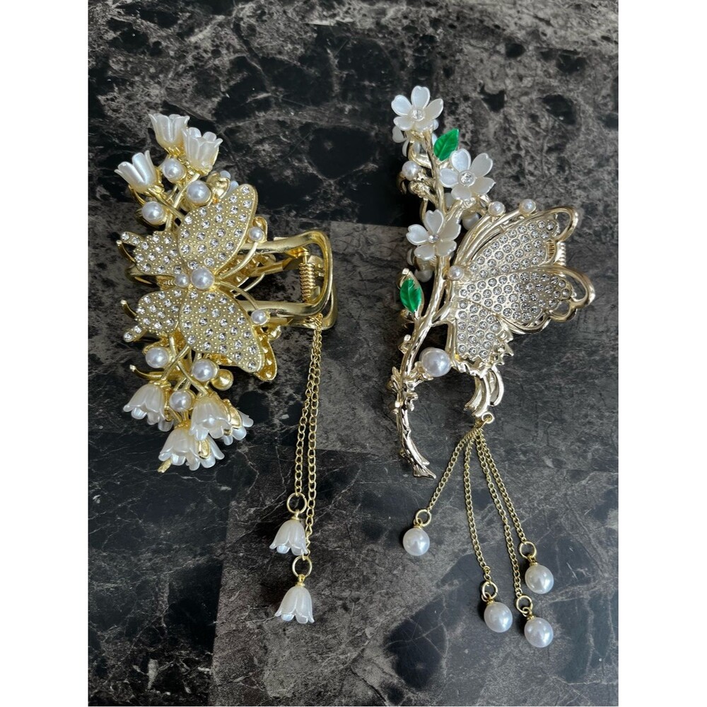 Gold Butterfly Pearl Flower Hair Claw Clip Elegant Women's Hair Claw Set of 2